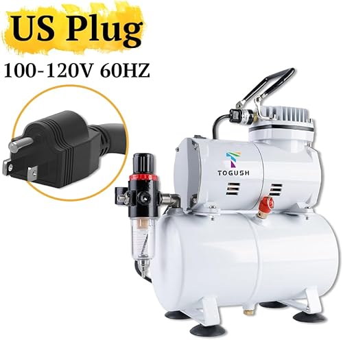Miniatura 5 de Compresor de aerógrafo con tanque 100-120V 60HZ regulador, trampa de agua, compresor de aire portátil con soportes,enchufe de EE. UU