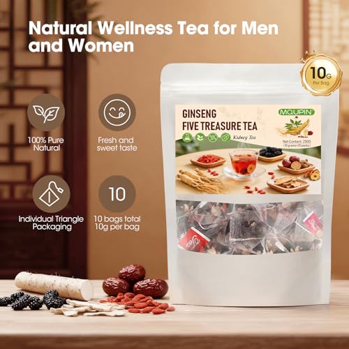 Ginseng Five Treasure Kidney Tea, Natural Cleanse Tea with 5 Precious Ingredients, Kidney Cleanse Detox & Repair for Men & Women, Chinese Herbal Tea Bags(10g x25pcs)