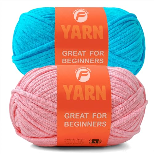 Image of 2x3.5Oz Beginner-Friendly Yarn for Crocheting and Knitting;Worsted-Weight Medium #4;Cotton Blend Yarn for Beginners with Easy-to-See Sitches,Great for Amigurumi DIY (Blue+Pink)