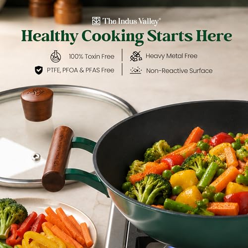 Image of The Indus Valley Titanium Reinforced Enamel Coated Cast Iron Kadai 2.3 litres | 3 Layer Cast Iron with Glass Lid | Wooden Handle | Naturally Non Stick | Induction Compatible | PTFE, PFOA & PFAS Free