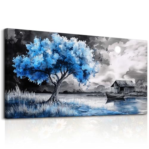 PHAOHUAXM Wall Art For Living Room Large Wall Decor For Bedroom Black White And Blue Trees Wall Pictures Artwork Restaurant Office Frame Printing Canvas Artwork Modern Home Decor Aesthetic 24x48 in