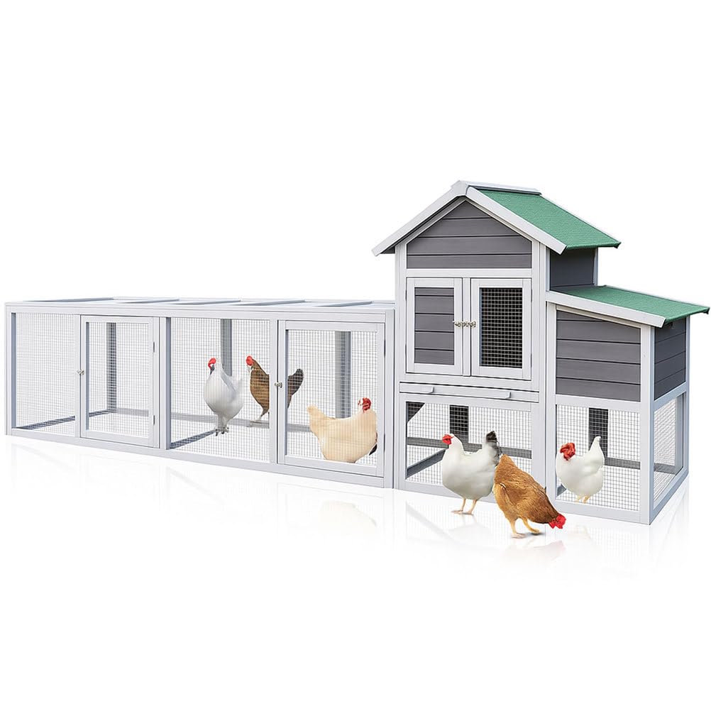 122" Large Chicken Coop with Nesting Box and Run, Outdoor Wooden Poultry Cage with Waterproof Asphalt Roof, Pull-Out Tray, and Ramp, Hen House for 3–6