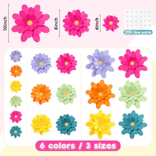 Image of MotiMind 18 Pcs Paper Flowers Bulletin Board Decorations DIY 3D Paper Floral for Wall Classroom Back to School Birthday Party Flower Backdrop Decoration Photo Backdrop(Multicolor,6 inch 8 inch 10 inch)