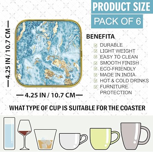 Image of Goelite Stylist Modern Wooden Coasters with Golden Border, Set of 6 with Stand, Handmade for Tea Cups, Coffee Mugs, Beer Mugs, 10 x 10 cm (Shells Pattern)