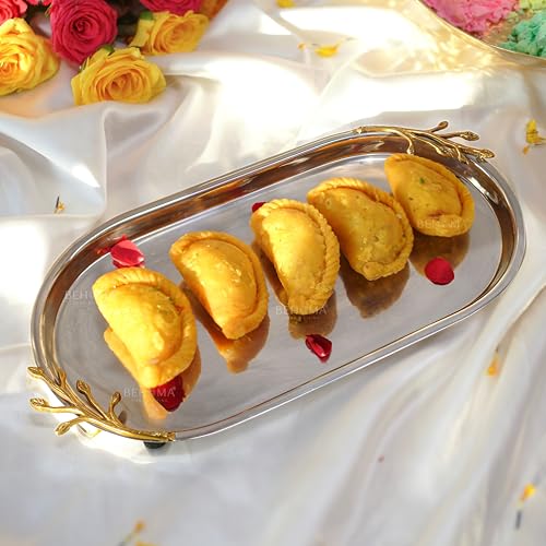 Image of BEHOMA Golden Twig Oval Serving Platter, 13 inch | Oval stainless steel platter with brass leaf handle, 13 inch; elegant serveware for Navratri & Durga Puja.