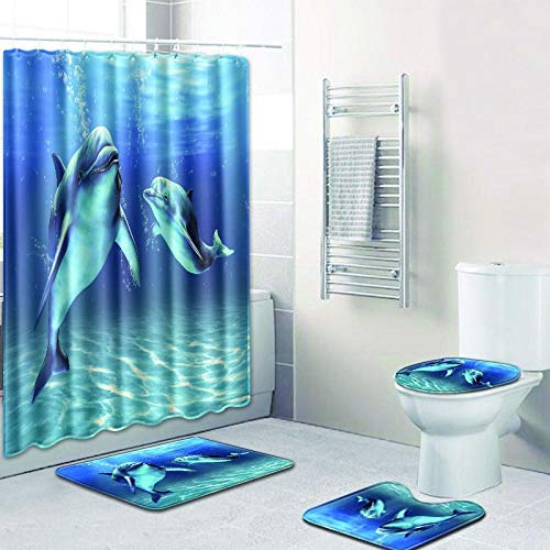 PLBB3K Bad Teppich Blue Ocean Anti-Rutsch Badematten Teppich 3D 4pcs Dolphin Badezimmer Duschvorhang und Teppich Sets…