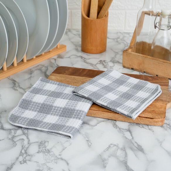Blue Needles Set of 8 Waffle Weave Check Plaid Dish Cloths, 12x12 Inches 100% Cotton Dish Towels for Kitchen, Ultra Soft & Absorbent Kitchen Towels for Quick Drying Spring Summer - Ash Grey & White - Image 6