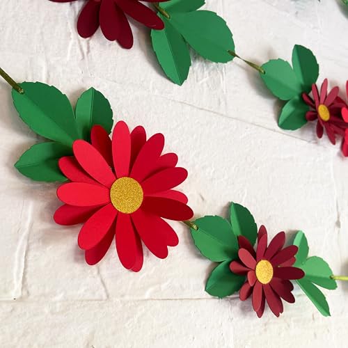 Image of Flower Bunting for Wall Decoration (Red Daisy with Leaves)