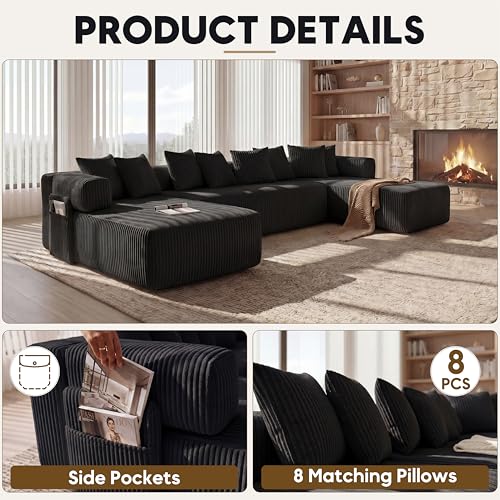 Image of Oversized Cloud Boneless Couch with Chaise, 146 inch Modern U Shape Modular Deep Seat Sectional Sofa, Comfy Corduroy Upholstered Couches for Living Room, No Assembly Required-Black