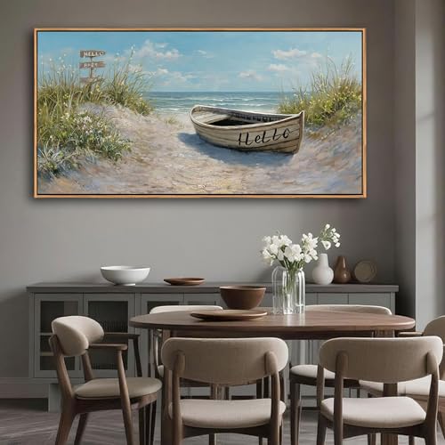Image of AJAZIKO Coastal Canvas Wall Art Paintings - Beach Wall Pictures for Living Room with and Ocean Themes - Boat Wall Decor and Ocean Wall Art for Home Artwork for Walls 29x58IN