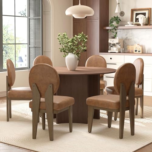 Hyfirm Mid-Century Modern Walnut Dining Chairs Set of 6, Vintage Brown Leather Wooden Kitchen Chairs, Retro Upholstered PU Cushioned Seat with Curved Backrest, Armless Accent Side Chair for Bedroom