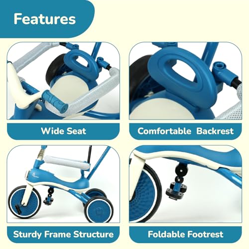 Image of R for Rabbit Tiny Toes Karizma Tricycle for Kids with Light & Music, Parental Control, EVA Wheels, Foldable Footrest, Comfy Seat with Backrest, Baby Trike Cycle for 2-5 Years, Up to 25kg (Blue Grey)