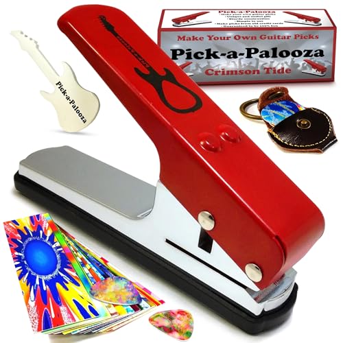 Pick-a-Palooza DIY Guitar Picks Punch Mega Pack - Custom Pick Maker for Musicians - Features Leather Key Chain Holder, Pick Strips with Artwork & File - Unique Gifts for Men & Women - Red Punch