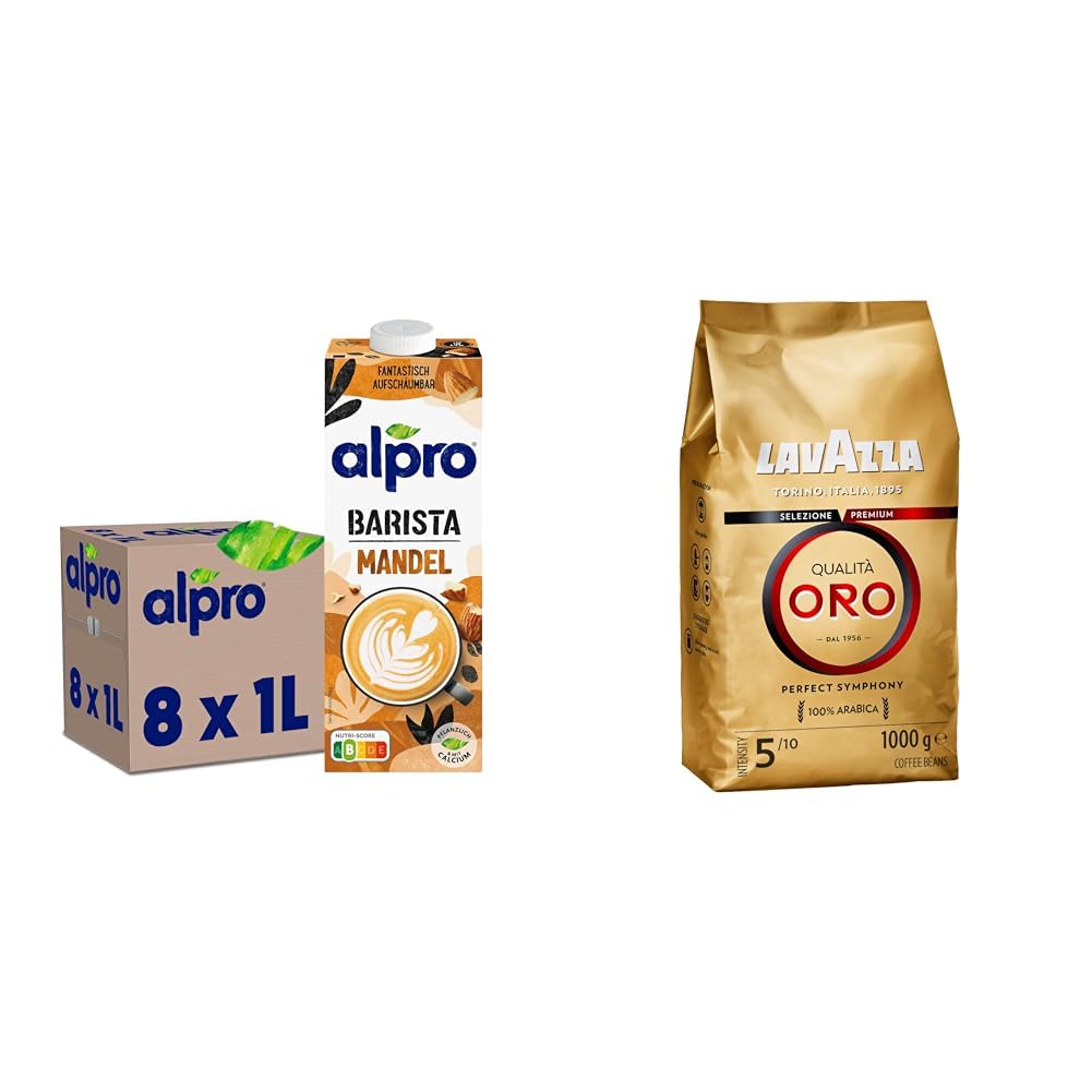 Alpro Barista Mandeldrink, UHT, 8x1L| reich an Ballaststoffen mit Lavazza, Qualità Oro, Kaffeebohnen, mit Aromanoten von Früchten und Blumen, Kaffeebohnen, Intensität 5/10, Mittlere Röstung, 1 kg