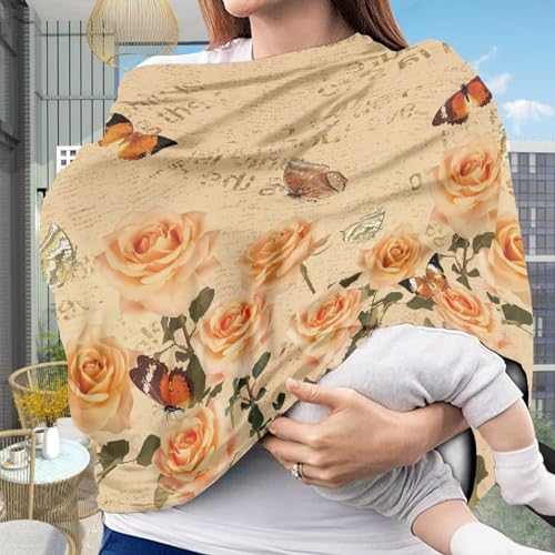 Image of Rose Butterfly Multi-Purpose Baby Car Seat Cover Dust Cover Washable Nursing Breastfeeding Covers Soft Infant Stroller Cover Sun-Proof Breastfeeding Scarf