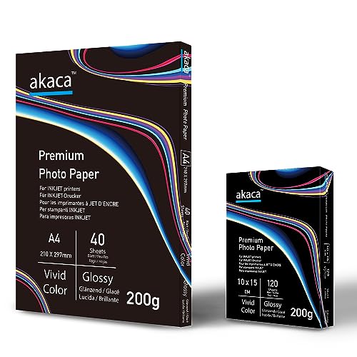 akaca Papel fotográfico brillante Premium Glossy Photo Paper (200 g A4 | 40 hojas + 200 g 10 x 15 | 120 hojas) para todas las impresoras de inyección de tinta
