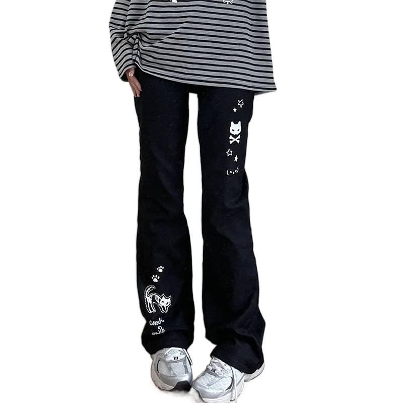 Womens Cute Cat Print Y2k Pants Basic Cartoon Streetwear Elastic Waist Kawaii Casual Fashion Trousers
