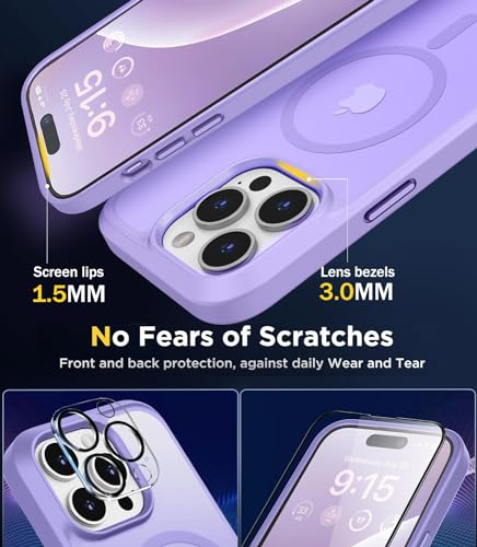 Image of BossKiss Compatible with iPhone 15 Pro Case, [Compatible with Magsafe] [Screen+Camera Protector] Magnetic Translucent Matte Women Men Girl Protective Cover for iPhone 15 Pro 6.1 inch, Light Purple