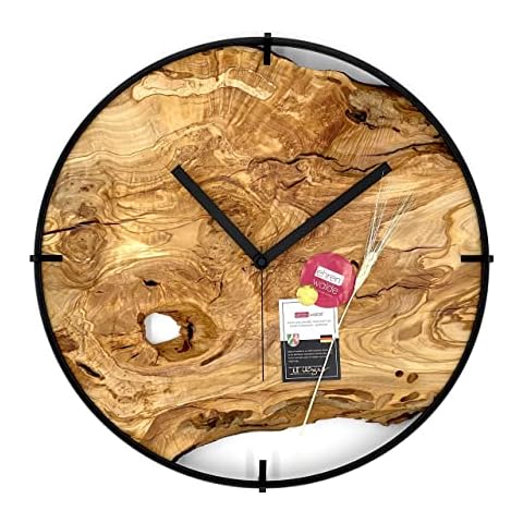 ehrenwalde® Wanduhr Holz Ziffernblatt Olivenholz-Baumscheibe Wanddeko Lautloses Uhrwerk & Echtholz 100% Handmade & Massivholz Cover