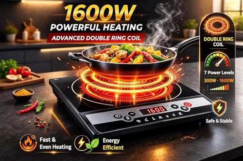 Image of 1600W 2.0 Induction Cooktop with 4-Digit LED Display | Double Ring Coil Heating | Microcrystalline Glass Top | 240 Min Timer | 6 Cooking Modes | 7 Power Levels | Auto Cut-Off Safety | 1 Year Warranty