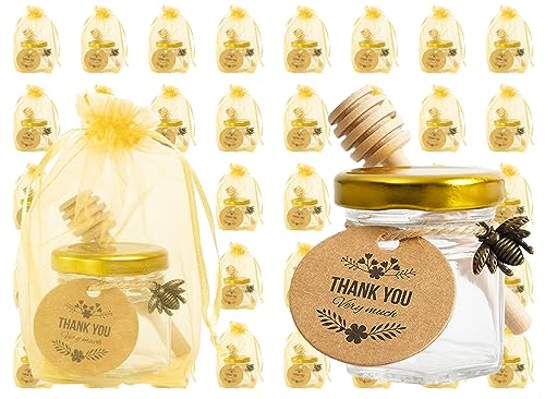 Paquete de 48 mini tarros hexagonales de vidrio para miel con tapa dorada, colgante de abeja, palitos de miel, bolsas de regalo doradas, etiquetas de regalo de agradecimiento, cuerda de etiqueta de