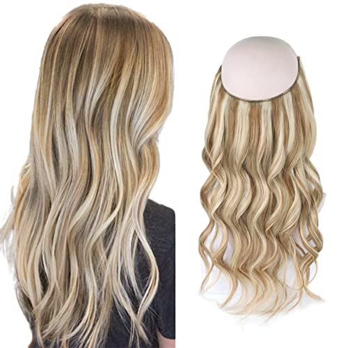 Sassina Straight Secret Wire Hair Extensions Real Human Hair with Transparent Fish Line, Ash Brown with Platinum Blonde Highlights 16 Inch 100 Gram Straight Hair Extensions, P8-60