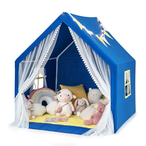 COSTWAY Kinderspielhaus mit Sternenlichtern, Prinzessin Prinzess Kinderzelt mit Fenster & Matte & bunten Flaggen, Spielzelt mit doppeltem Vorhang, Kinderspielzelt Spielhaus für Jungen Märchen (Blau)