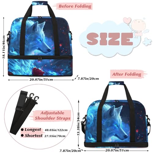 Large Weekender Overnight Bags Animal Wolf Blue Travel Duffel Bag for Women Men Gym Bag With Shoe Compartment Foldie Travel Tote Bag Carry On Personal Item Bag for Travel Gym Sports2