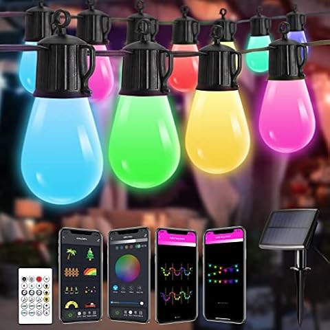 Solar String Lights Outdoor Garden - 15M App/Remote Control Solar/USB Powered Fence Lights with 20 Mode, Colour Changing Dimmable Music Waterproof LED Festoon Hanging Lights with 25 Bulbs for Decor Cover