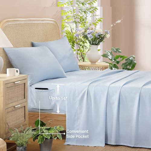 Image of Andency Queen Size 7 Piece Reversible Bed in a Bag - Botanical Floral & Gingham Comforter Set, Farmhouse Vintage Rustic Comforter,Light Blue