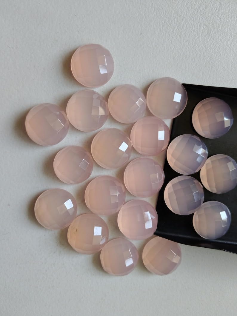 15 mm große, facettierte, runde Cabochons aus rosafarbenem Chalcedon für Damen mit flacher Rückseite, 5 Stück lose hellrosa Chalcedonsteine für Schmuck – RAMP170