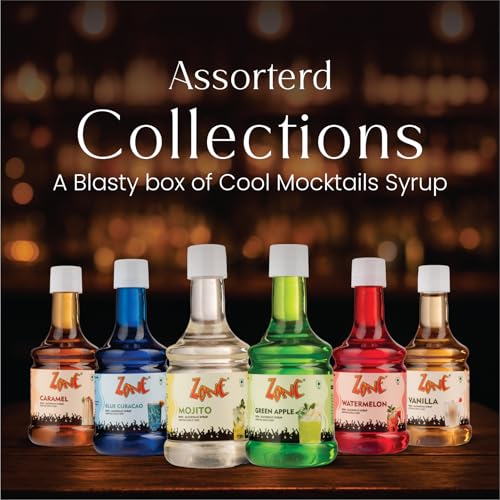 Image of Zone Assorted Syrup Combo Box | 6 Premium Flavoured Syrups (6 x 100ml) | Mocktail, Cocktail, Milkshake, Smoothie, Dessert & Fusion Recipe Mixers | Caramel, Blue Curacao, Mojito, Green Apple, Watermelon & Vanilla | Ideal for Cafes, Startups & Gifting