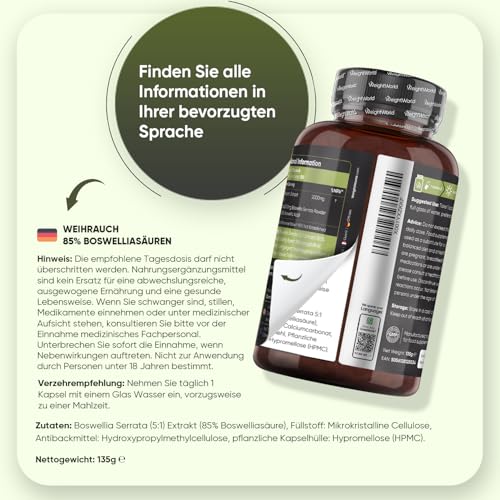Weihrauch Kapseln - 2000mg Boswellia Pulver je Kapsel - 6 Monate Vorrat - 400mg Weihrauch Extrakt - 85% Boswelliasäuren - 180 vegane Kapseln - Indischer Weihrauchkapseln - WeightWorld