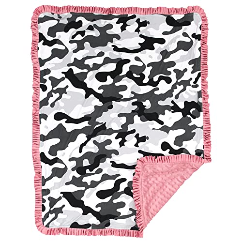 Image of Dear Baby Gear Baby Blanket - Soft and Cozy Infant Essentials for Nursery Crib - Gift for Girl or Boy - Toddler Blankets - Gray Camouflage, Dusty Rose Pink, Pink Ruffle (42" x 32")