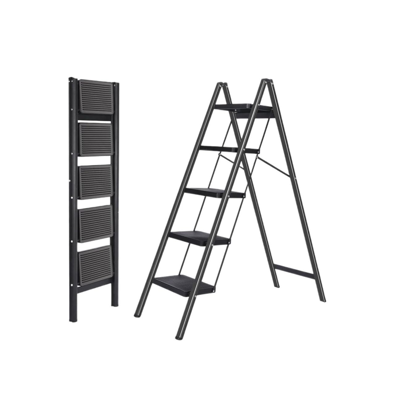 step ladder 5 Step Ladder Lightweight Foldable with Non-Slip Wide Pedals Stepladder with Safe Handrail Space Saving，Black garage step ladder