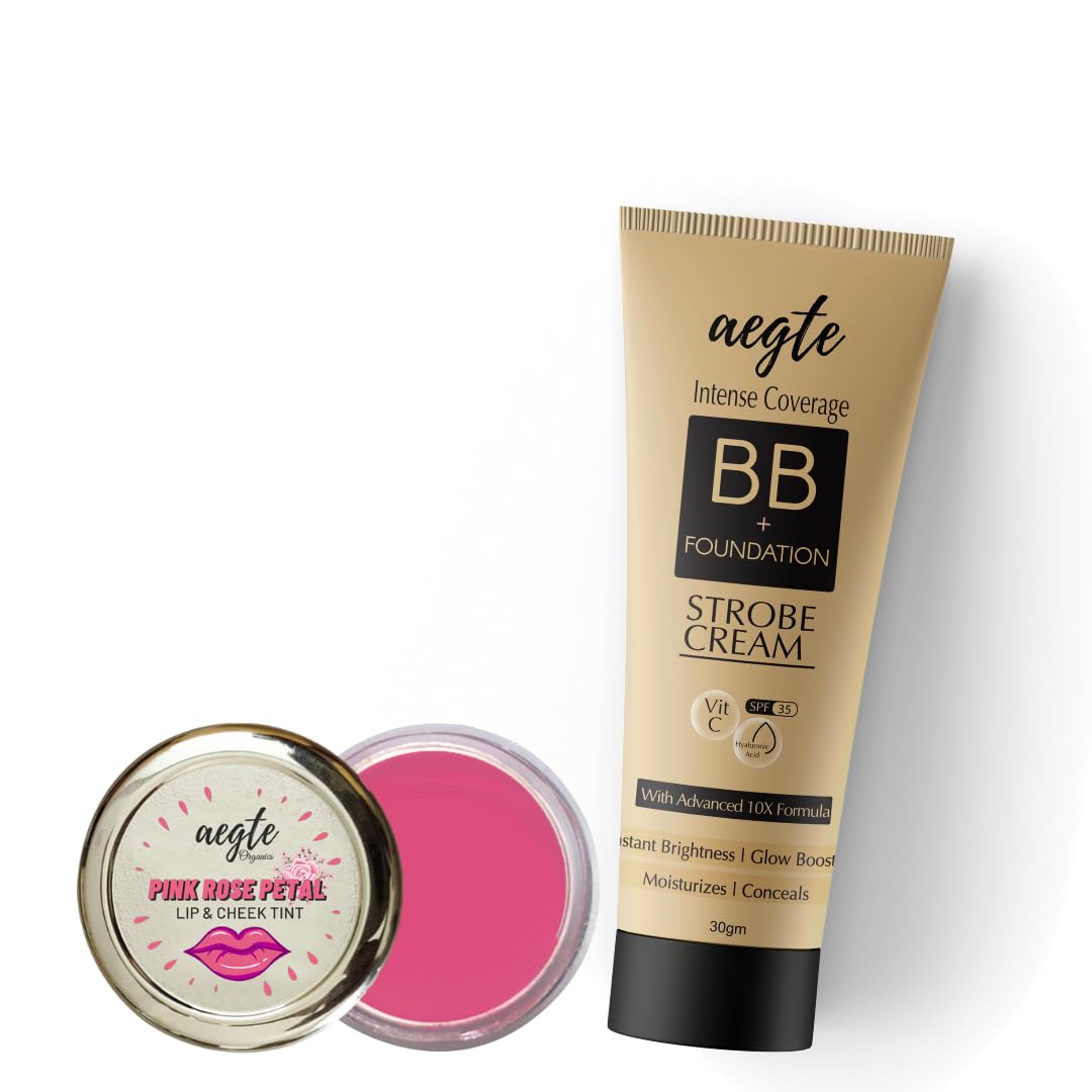 Aegte Intense Coverage Medium BB + Foundation Strobe Cream with SPF 35 & Pink Rose Lip and Cheek Tint Balm
