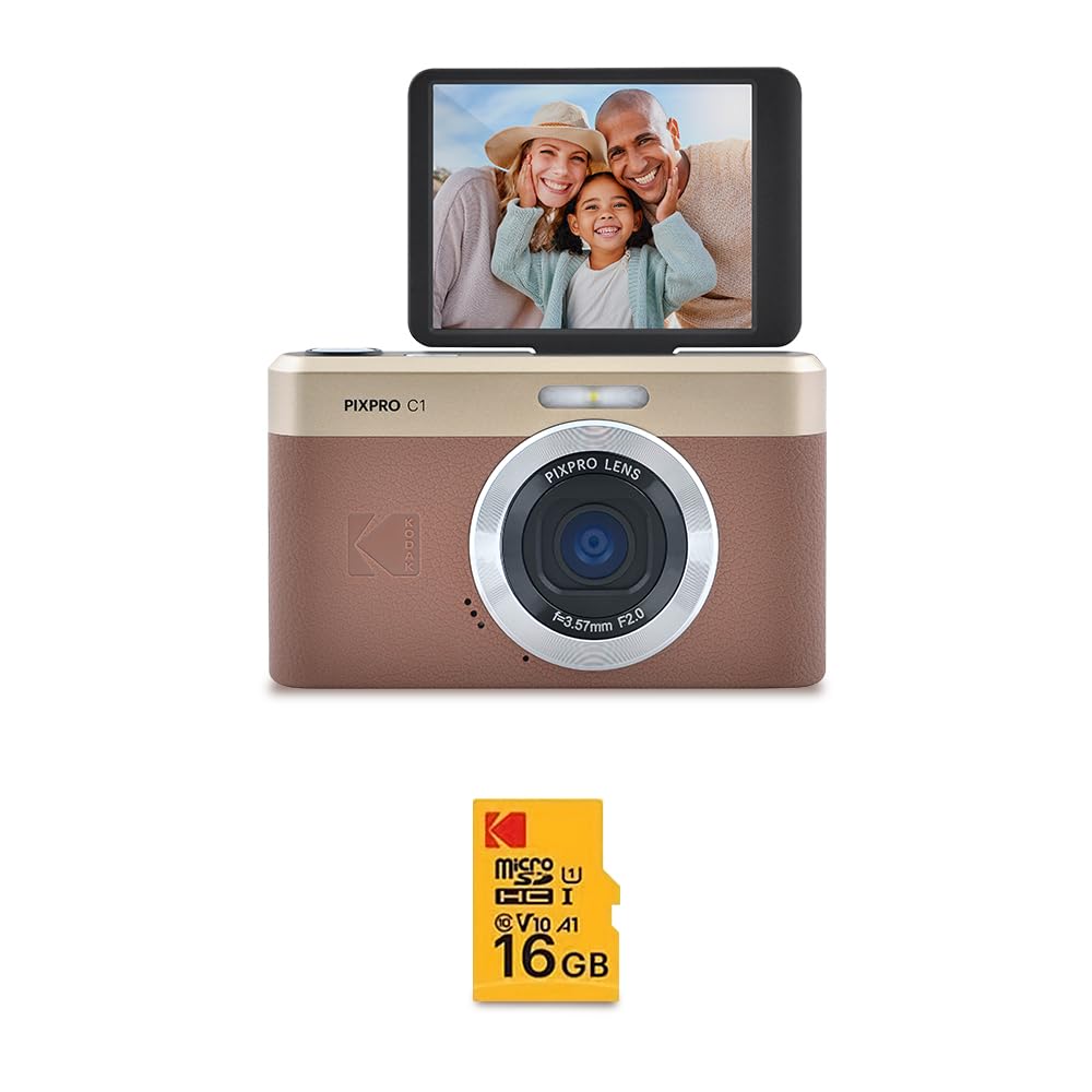 Kodak Pixpro C1 - Cámara compacta de 13 MP BSI CMOS, Zoom 4X, Pantalla LCD 2.8", Flash LED, Batería - Marrón + Tarjeta microSDHC 16 GB Class 10