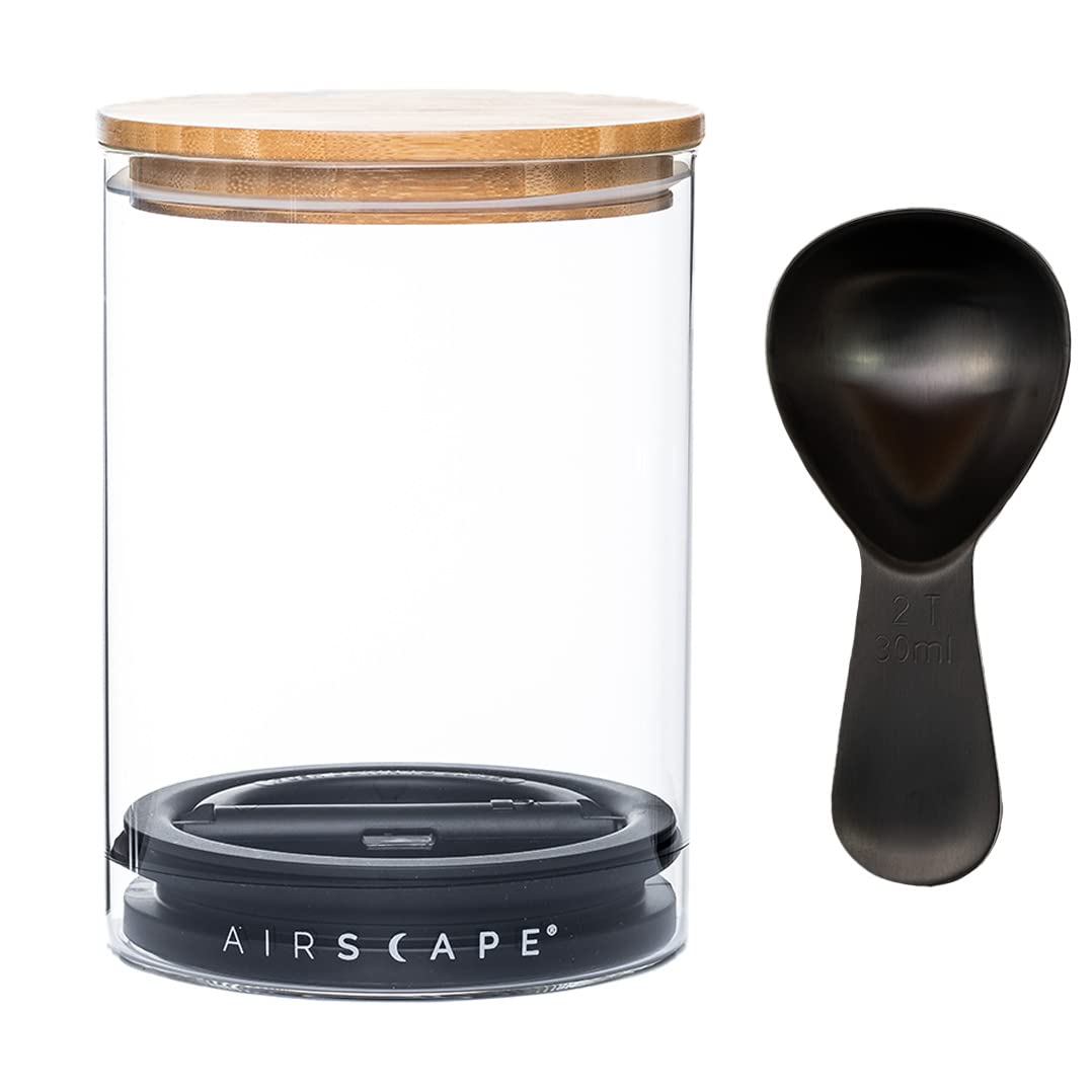 Glass Food Storage Canister & Scoop Bundle - US Patented Airless Inner Lid Preserves Food Freshness, Storage with Bamboo Top Lid (Medium Glass & Brushed Black Coffee Scoop)