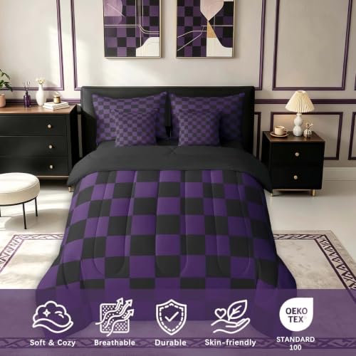 Image of Feelyou Checkered Queen Comforter Set with Sheets for Kids Boys Girls Purple Black Plaid 7 Pieces Bedding Set Cute Retro Neutral Checkerboard Geometric Bed in a Bag Vintage Aesthetic Room Decor Soft