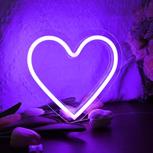 Image of Britrio Heart Neon Sign, Purple Love Neon Light Room Decor for Girl Bedroom LED Heart Lamp for Birthday Party Wall Decoration Home Decor Mothers Day Valentine Gifts Battery Operated or USB Powered