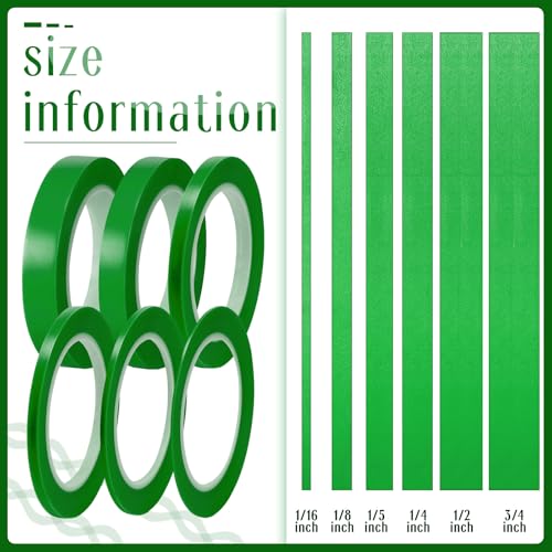 Image of Nezyo 6 Pcs Vinyl Pinstripe Tape Auto,Green,1 /16, 1 /8,1 /5,1 /4,1 /2, 3 /4 Inch | Thin Masking Tape for Auto Detailing, High Temp Low Tack Pinstripe Tape, Painters Tape, Paint Protection, Easy Clean Removal