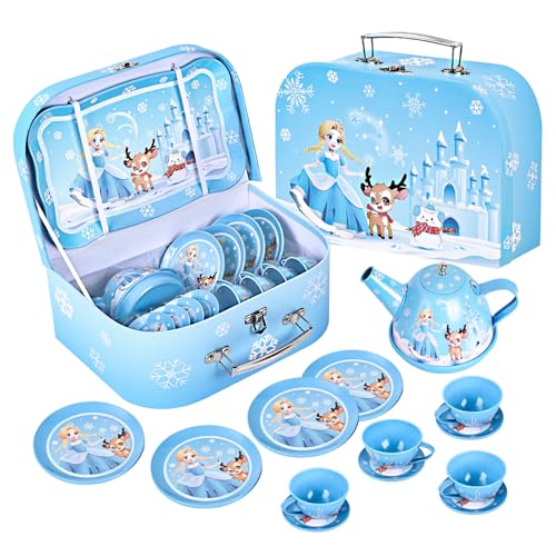 Fairy Toona Princess Tea Party Set for Little Girls Ages 3-6 15-Piece Pretend Play Kitchen Toys with Teapot Cups Plates & Storage Case Princess Gift Set