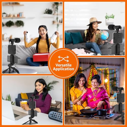 Image of Vlogging Kit 6 in 1 for iPhone, Android (with Tripod), Mini LED + Cardioid Microphone + Phone Clip + Tripod for Live Broadcasting, Video Calling, Vlogging, YouTube, Instagram (T-6.1)