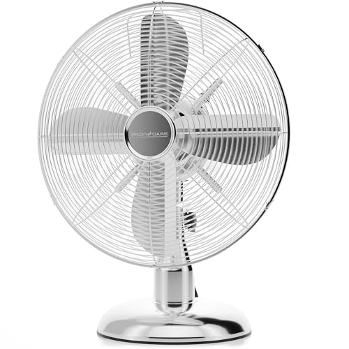 ProfiCare VL 3062M Ventilador de Mesa, Silencioso, Retro, Diámetro Exterior 25 cm, 3 Velocidades, Oscilante, Diseño Vintage, Cuerpo Cromado Metálico, 30W
