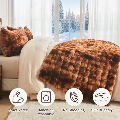 Image of EMME Faux Fur Blanket King Size Tie Dye Dark Brown - Big Bubble Rabbit Cozy Blanket for Couch, Thick Furry Plush Shaggy Blankets, 650GSM, 108x90 Inches