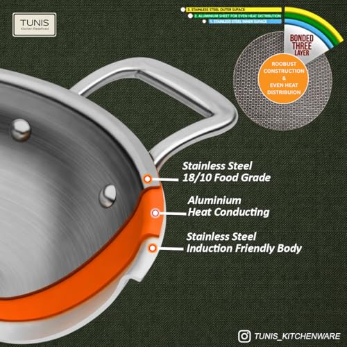 Image of TUNIS 24 Cm (2.4L) Triply Stainless Steel Triply Kadai with Dual Handles | Heavy Gauge Induction & Gas Compatible | Bottom Deep Cooking Woks Kadhai for Frying, Sauteing & Curries | Silver