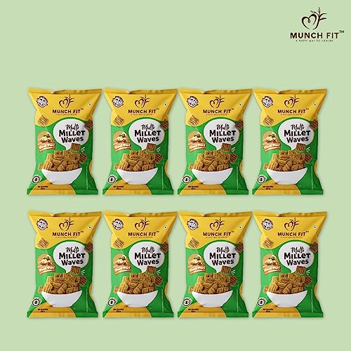 Image of Munch Fit Healthy & Tasty Pani Puri Flavour Millet Snacks | Millet Waves | Roasted, Healthy & Tasty Snack for Office Party Snack | 100% Veg, High Fibre, Gluten Free, Non Fried | Pack of 8x50g each