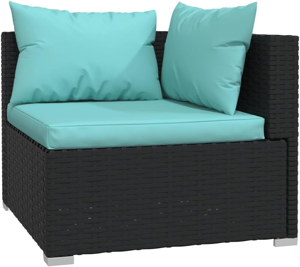 vidaXL Two-Seater Outdoor Sofa - Water- Black Poly Rattan Patio Loveseat with Comfy Aqua Cushions