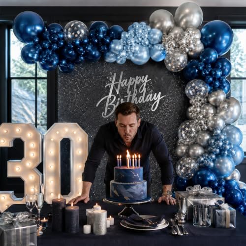 Image of Blue Silver Balloons Set, 50Pcs 12Inch Dark Navy Metallic Blue Silver Star Confetti Party Latex Balloon for Birthday Graduation Baby Shower Wedding Retirement Anniversary Fathers Day Party Decorations