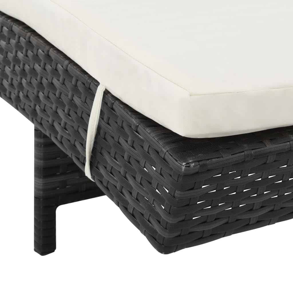 Lettino prendisole con ruote e cuscino in polyrattan nero, chaise longue regolabile per giardino, terrazza, balcone